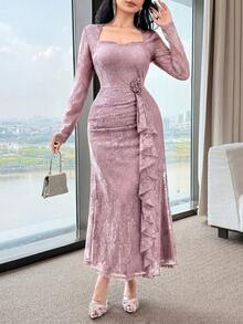 Feyla New Lace Waist Ruffle Dusty Pink Cinched Waist Elegant High-End Party Dress Autumn - Pink - View 3