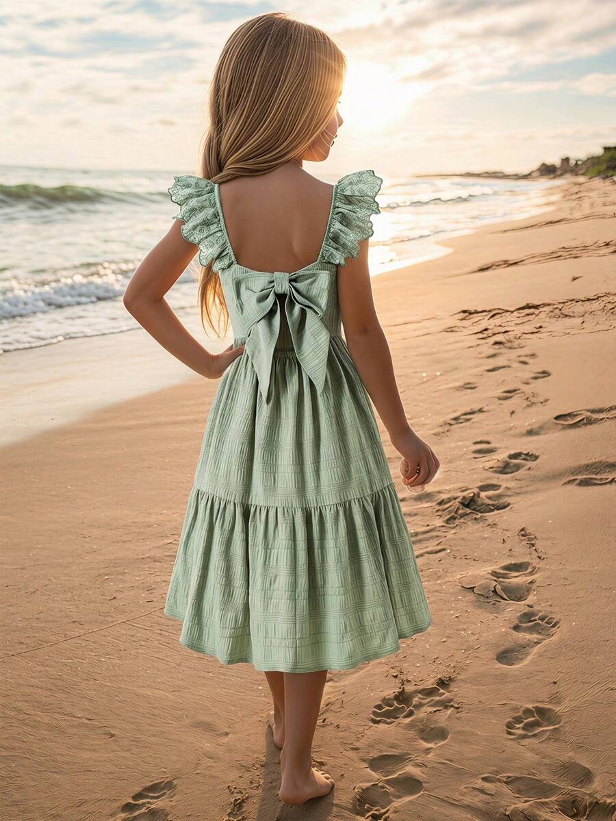 Emery Rose Kids Emery Rose Kids 少女纯色方领荷叶边下摆休闲连衣裙 - 彩色 - 查看 1