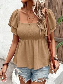 SHEIN Holidaya Áo croptop cổ vuông với gấu áo nhún bèo và tay áo xếp lớp bồng bềnh màu đen kiểu peplum. - Màu Khaki - Xem 5