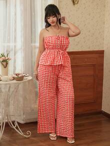 CovetEZ Set 2 Potong Terbaru Musim Semi/Panas: Atasan Bandeau Kotak-kotak Merah & Putih Bertekstur dan Celana Panjang Lebar, Ukuran Besar - Red and White - View 7