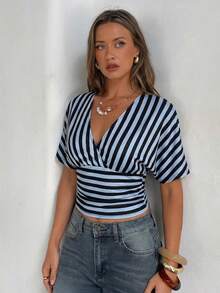 Aloruh Women's Deep V-Neck Striped All-Match Minimalist Versatile T-Shirt - Blue - View 5