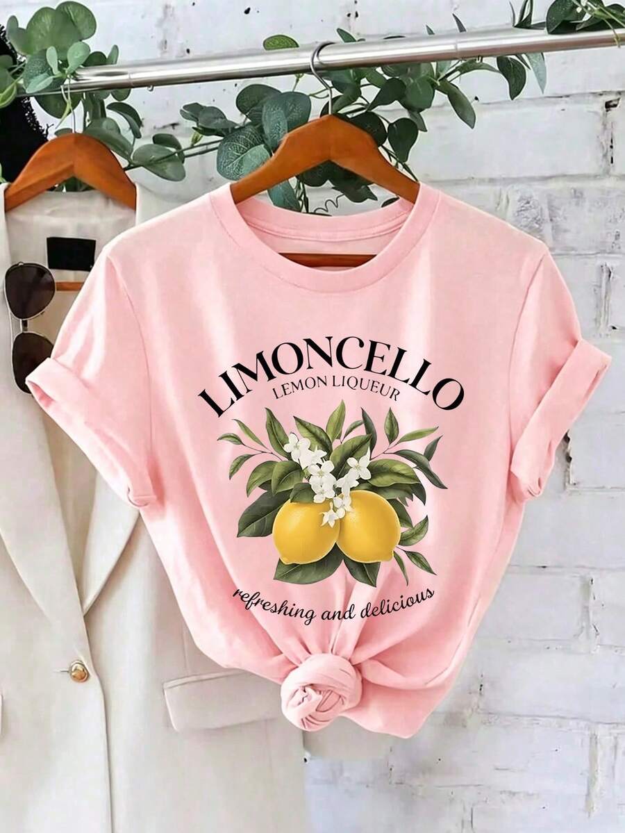 EMERY ROSE Lemon Letter Print Short Sleeve Crew Neck T-Shirt - Soft, Breathable, Micro Elasticity, Casual Top For Summer Spring Vacation Watermelon Pink - Pink - View 1