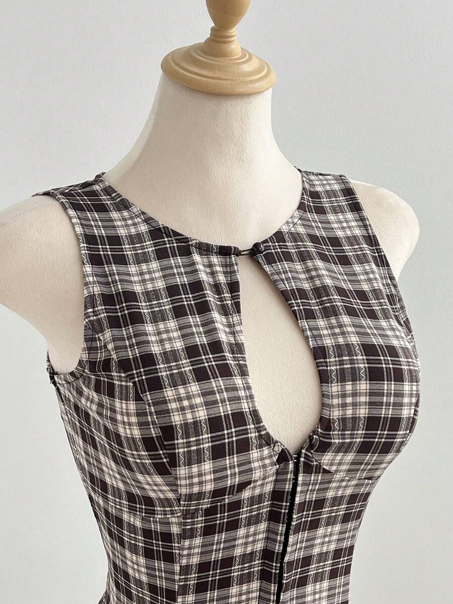 Elamini Women's Summer Hollow-Out Retro Plaid Button Vest & Mini Skirt Suit Set, Commuting, Academic Style, Casual Versatile - Brown - View 1