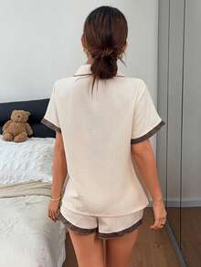 Napfluff Women's Casual Collared Lace Trim Solid Color Short Sleeve Shorts Set - Apricot - View 2