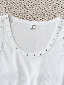 SHEIN Regata Ajustada com Decote em U Canelada e Decoração com Tachas para Adolescentes, Branca, Novo Lançamento de Verão - Branco - Visão 4