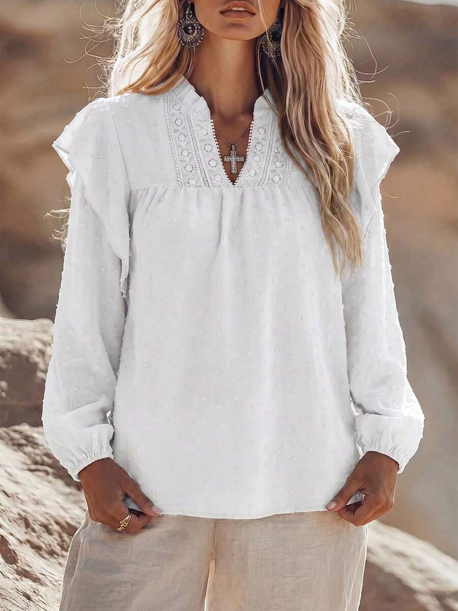 SHEIN Holidaya Women Blouses Kontras Lace Ruffle Plain Casual - Putih - View 1