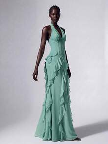 Elitara Women's Solid Color Halter Neck Ruffle Hem Elegant Cinched Waist Formal Evening Gown - Green - View 6