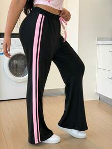 ZzzCrew Plus Size Women's Simple Pink Striped Decor Comfortable Soft Elastic Knit Leggings With Faux Drawstring, Minimalist Sporty Casual Lounge Pants - Black - View 3