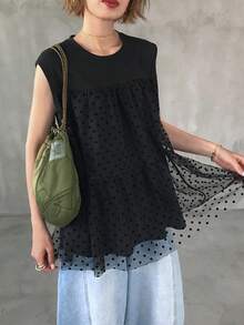 FRIFUL 女士圆领无袖背心式T恤，撞色纹理波点拼接设计，夏季款 - 白色 - 查看 3