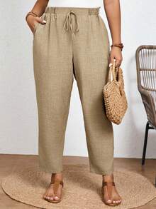 SHEIN Frenchy Pantalones casuales de unicolor de talla grande con cintura elástica y bolsillos en diagonal - Camel - Ver 2