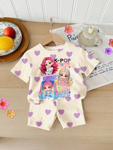 2pcs Young Girl Casual Minimalist Short Sleeve Top And Shorts Set, Suitable For Summer - Multicolor - View 3