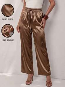 Glamine Women's Elegant Casual Satin Glossy Pants, Espresso Brown Autumn Wide-Leg Trousers, Loose Elastic Waist Drawstring For Vacation, Business - Coffee Brown - View 4