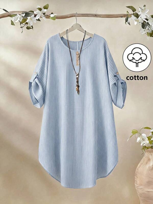 Linhara Plus Size Women's Round Neck Casual Cotton Light Blue Short Sleeve Comfortable Design Blouse,Suitable For Daily, Spring/Summer Formal Vacation