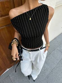 Siren Gaze Women's Casual Striped Print Asymmetrical Neck Fitted Cropped Tank Top, Suitable For Summer Daily Commute - Black - View 7