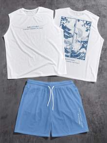 Manfinity ZONE917 Conjunto de camiseta sin mangas y pantalones cortos con estampado de grúa japonesa azul y paisaje ukiyo-e en estilo callejero original - Multicolor - Ver 1