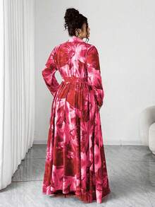 Elenzga 大码女士优雅派对连衣裙，翻领长袖，系带显瘦休闲时尚印花连衣裙，冬季 - 玫紅色 - 查看 2