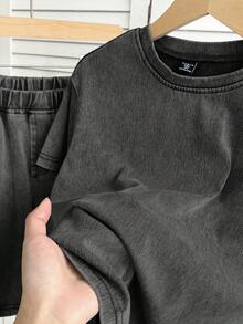SHEIN 男童纯色圆领短袖上衣和牛仔短裤休闲套装 - 黑色 - 查看 3