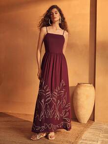 MOTF PREMIUM WOMEN'S LINEN RAYON EMBROIDERED SLIP DRESS WITHOUT BELT, SUITABLE FOR SPRING/SUMMER VACATION WHITE TROPICAL - Purple - View 5
