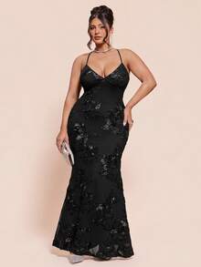 SHEIN BAE Vestido largo de sirena de jacquard negro para mujer, vestido largo ajustado con escote en V profundo en la espalda, adecuado para bodas, fiestas, citas - Negro - Ver 3