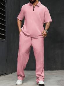 Manfinity Homme Plus Size Men's Zip-Up Half Placket Short Sleeve Polo Shirt And Casual Drawstring Waist Pocket Pants Set - Dusty Pink - View 4