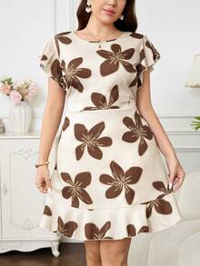 Reflora Plus Size Women Floral Print Ruffle Hem Fashion Dress - Multicolor - View 4