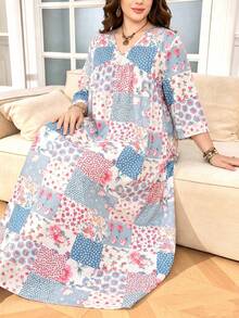 Lacomfia Plus Size Short Sleeve A-Line Casual Western Cottage Core Boho Printed Dress For Women Autumn Blue And White Brunch Vacation Bussines - Multicolor - View 1