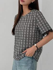 DAZY 女款夏季圓領短袖蕾絲拼接休閒套頭T恤商務休閒女式圖案T恤 - 彩色 - 查看 5
