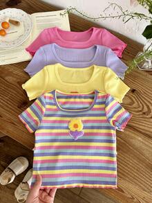 SHEIN 4pcs Baby Girl Casual Solid Color Knit Ruffle Trim Short Sleeve Top Set - Multicolor - View 4