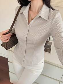 DAZY 女士条纹长袖单排扣休闲通勤衬衫 - 卡其色 - 查看 4