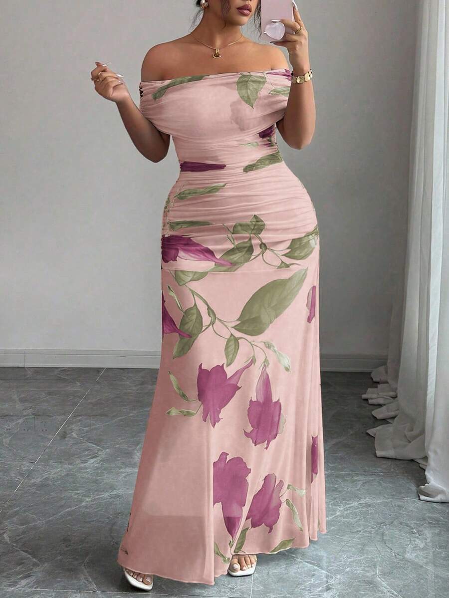 Modelyn Plus Size Women Mesh Printed Off-Shoulder Ruffle Formal Dress - Pink - View 1