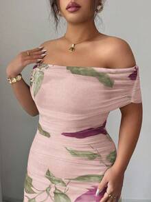 Modelyn Plus Size Women Mesh Printed Off-Shoulder Ruffle Formal Dress - Pink - View 6