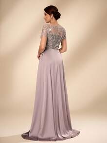 Serin Women's Elegant Luxurious Beaded Embroidered Satin Splice Round Neck Short Sleeve Fishtail Dress,Hot Pink Sequin,Winter,Formal,Wedding Bridal Mother - Champagne - View 4
