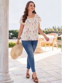 EMERY ROSE Camisa Casual de Manga Curta com Estampa Floral Completa para Mulheres Plus Size, Estilo Boho para Mulheres/Verão, Looks de Férias para Mulheres - Multicolorido - Visão 3