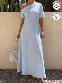 Modelyn Elegant Asymmetric Neck Short Sleeve Baby Blue Cotton Fitted Flared Dress, Fashionable For Summer Tea Party - Baby Blue - View 10