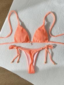 Swim Mod Women's Jacquard Fabric Halter Neck Metal Decor Sexy Bikini Set - Orange - View 1
