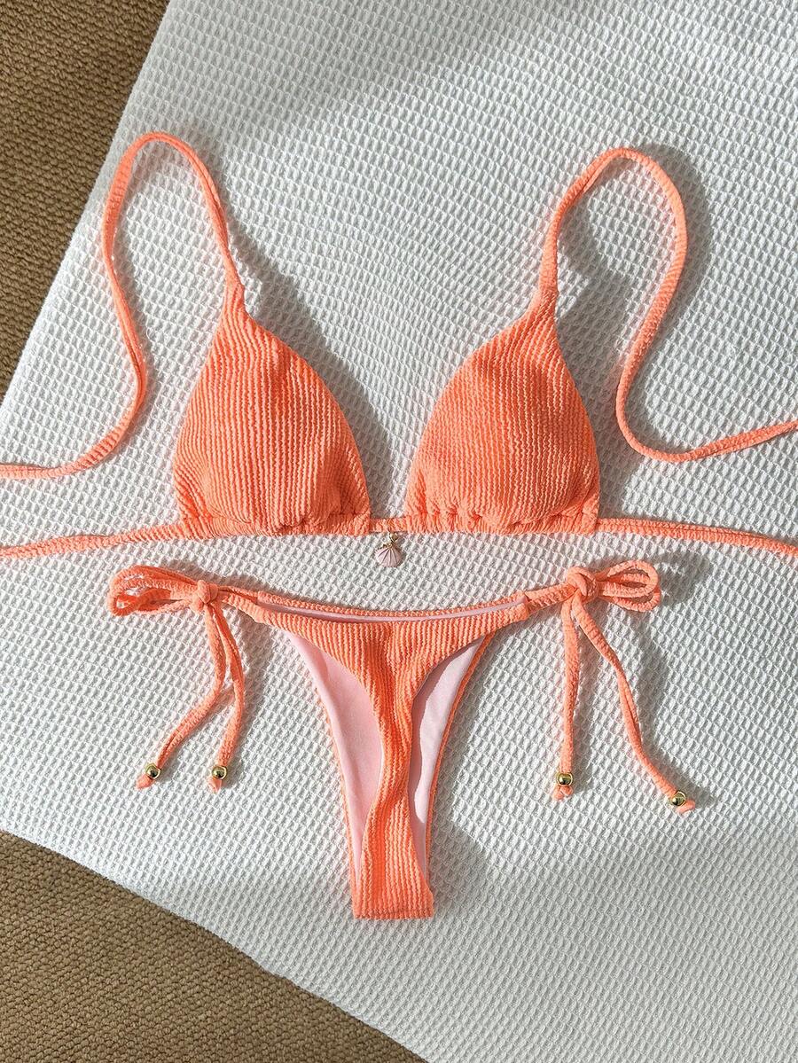 Swim Mod Women's Jacquard Fabric Halter Neck Metal Decor Sexy Bikini Set - Orange - View 1