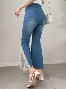 FRIFUL Women's Lace Patchwork Jeans With Pearl Decoration - Blue - View 2