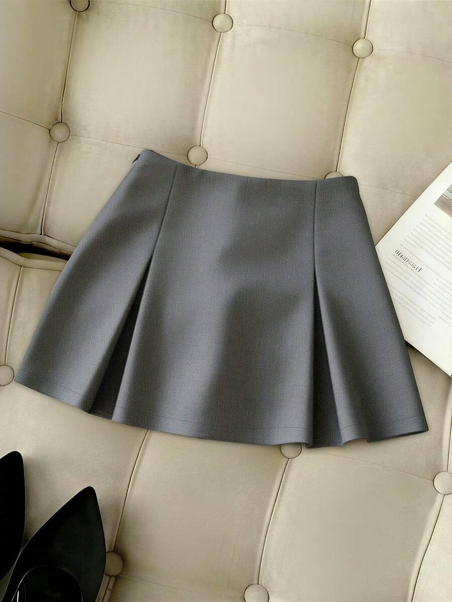 SHEIN PETITE 女士优雅A字裙，灰色，适合通勤 - 灰色 - 查看 1