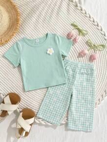 SHEIN Playful Pals 女婴/幼儿碎花圆领短袖T恤和格子裤套装 - 薄荷綠 - 查看 5