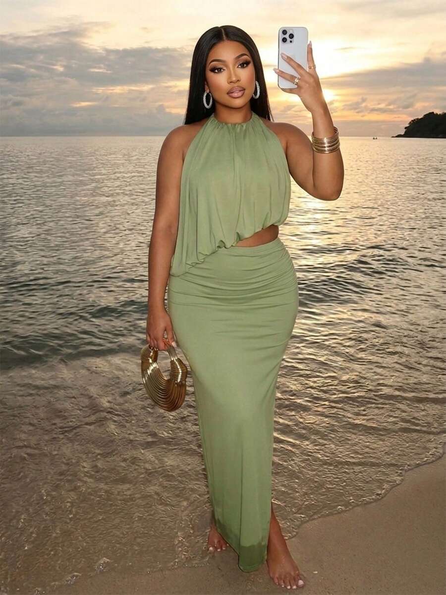 SOLERSUN Vestido de mujer talla grande con cuello halter y drapeado en un solo color - Adecuado para varias ocasiones. - Verde - Ver 1