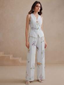 Anewsta Quiet Luxury 女士新款休闲度假及都市通勤百搭不对称印花高腰宽松长裤 - 白色 - 查看 8