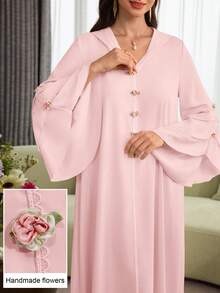 Al Najma Layered Floral Jacquard Hooded Cape With Ruffled Hem And Puff Sleeves, Elegant Robe - Pink - View 2