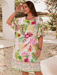 EMERY ROSE Plus Size Women's White Summer Boho Beach Holiday Floral Print Ruffle Sleeve Pullover Kaftan Dress,Vacation Cruise Tropical Daily Casual Outfits - Multicolor - View 3