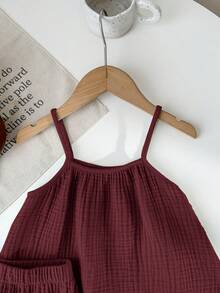 SHEIN LMoss Kids Young Girl Summer Casual Loose Spaghetti Strap Tank Top And Ruffle Hem Shorts 2 Pieces Set - Burgundy - View 3
