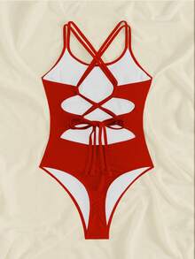 Swim SXY Đồ bơi một mảnh hở lưng gợi cảm Criss Cross cho nữ, phong cách bãi biển cho mùa xuân hè - Đỏ - Xem 1