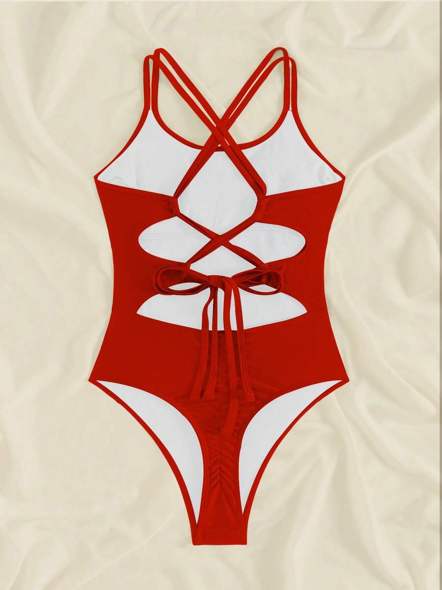 Swim SXY Đồ bơi một mảnh hở lưng gợi cảm Criss Cross cho nữ, phong cách bãi biển cho mùa xuân hè - Đỏ - Xem 1
