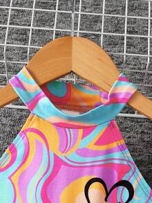 Bộ quần áo trẻ em gái in hình bướm và trái tim nhuộm tie-dye, áo dệt kim hở lưng phối cùng quần ống loe, bộ quần áo trẻ em gái, bộ quần áo trẻ em gái. - Nhiều màu - Xem 3