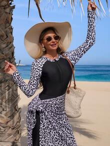 Swim Shayni Damen 3 Stücke Burkini Set, mit Leoparden-Muster, Reißverschluss-Langarmoberteil, langem Überwurfkleid und langer Hose, geeignet für Frühling/Sommer Strand, Kreuzfahrt, Urlaub - Schwarz - Übersicht 5