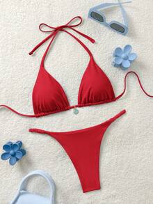 Soleia Women's Solid Color Swimwear Set For Vacation & Beach - Red - View 6
