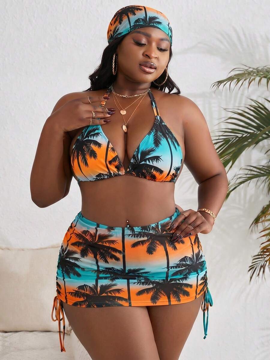 Slaydiva 大码随机印花挂脖三件套泳衣套装,4件装 - 彩色 - 查看 1